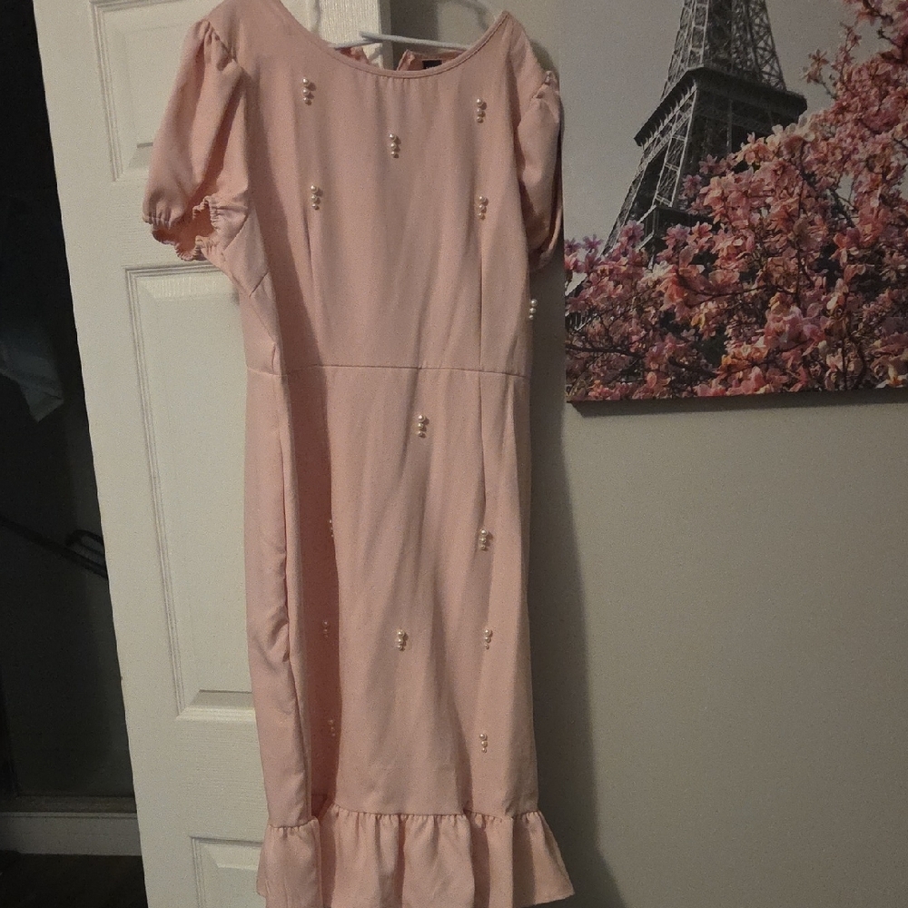 SHEIN Light Pink Puff-Sleeve Midi Dress with Ruffle Hem - Picture 4 of 5